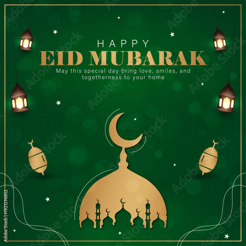 Happy Eid Mubarak Greeting with Golden Mosque Silhouette on Green Bokeh Background, Luxury Ramadan Kareem Banner with Glowing Lanterns and Gold Islamic Elements, Elegant Eid al-Fitr Card featuring Gol