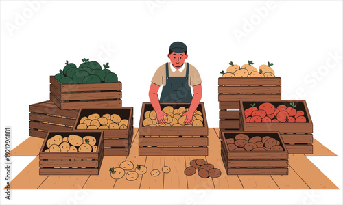 Farmer sorting potatoes and vegetables in wooden crates