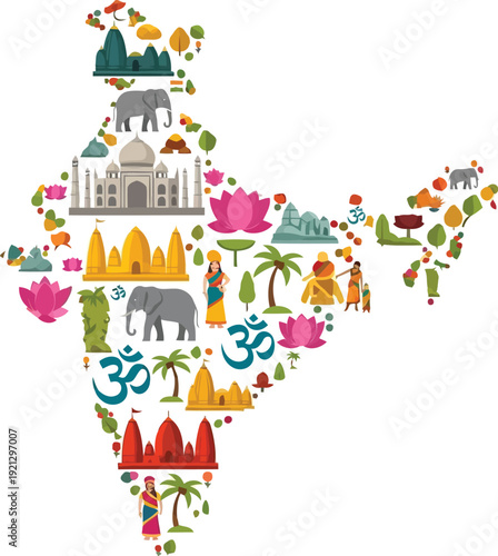 Vibrant india map silhouette filled with iconic symbols culture landmarks and nature vector