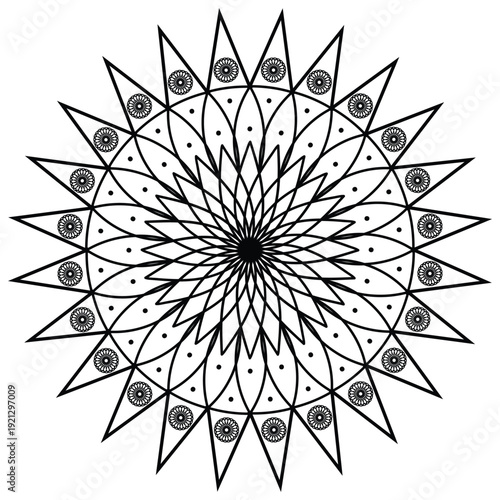 Intricate Sunburst Mandala Vector Design with Sharp Geometric Spikes and Circular Ornaments for Adult Coloring Book Art