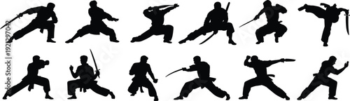 Silhouette Collection Of Ninjas In Martial Arts Poses With Swords warrior fighter