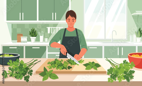 Man chopping fresh herbs on a cutting board in a home kitchen