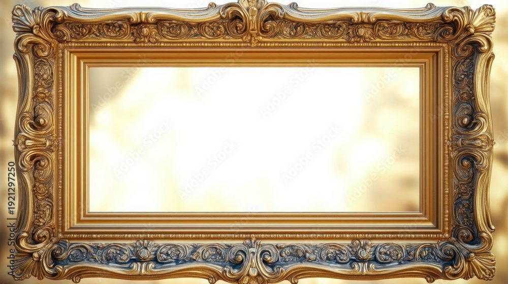 Obraz premium ornate gilded rectangular antique frame with intricate baroque carvings and empty luminous center conveying luxury and elegance