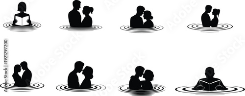 Silhouette couples and readers in water, romantic intimacy, kissing and embracing in ripples, reading alone and together, black vector icons