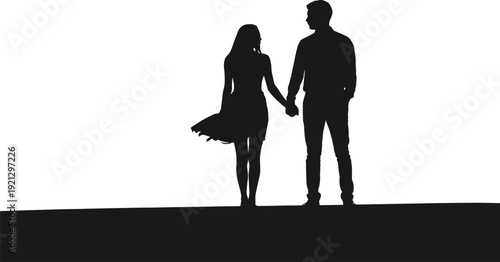 Silhouette Of A Couple Holding Hands Standing On A Horizon Line woman