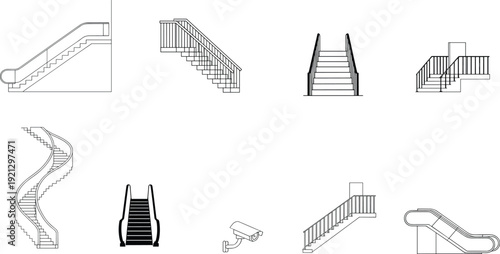 Staircase and escalator icons set, stairs railings steps architecture elements, building access design, black outline vector illustration isolated minimal modern