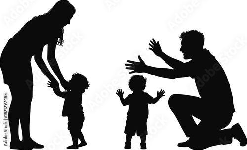 Silhouette of a family with two toddlers interacting with parents on a white background children mother