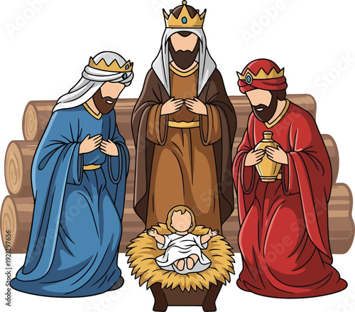 Three wise men adoring baby jesus nativity scene christmas nativity figures festive celebration vector