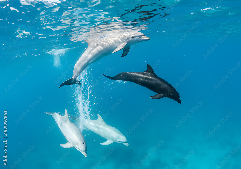 Obraz premium Dolphins underwater playful interaction