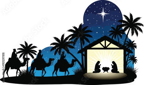 Christmas nativity scene silhouettes with three wise men camels under starry night sky palm trees vector