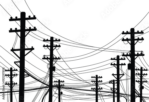 Telephone poles and tangled power lines, silhouetted against bright sky, urban infrastructure, chaotic cables, utility network, industrial pattern, monochrome composition