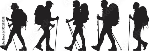 Large collection of black silhouettes featuring male and female hikers with backpacks and trekking poles walking in various active poses isolated on white background