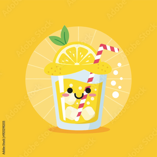 Cartoon Lemonade Drink with Smiling Face Character.