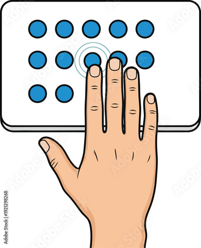 Hand pressing digital keypad with blue illuminated buttons for access control technology vector