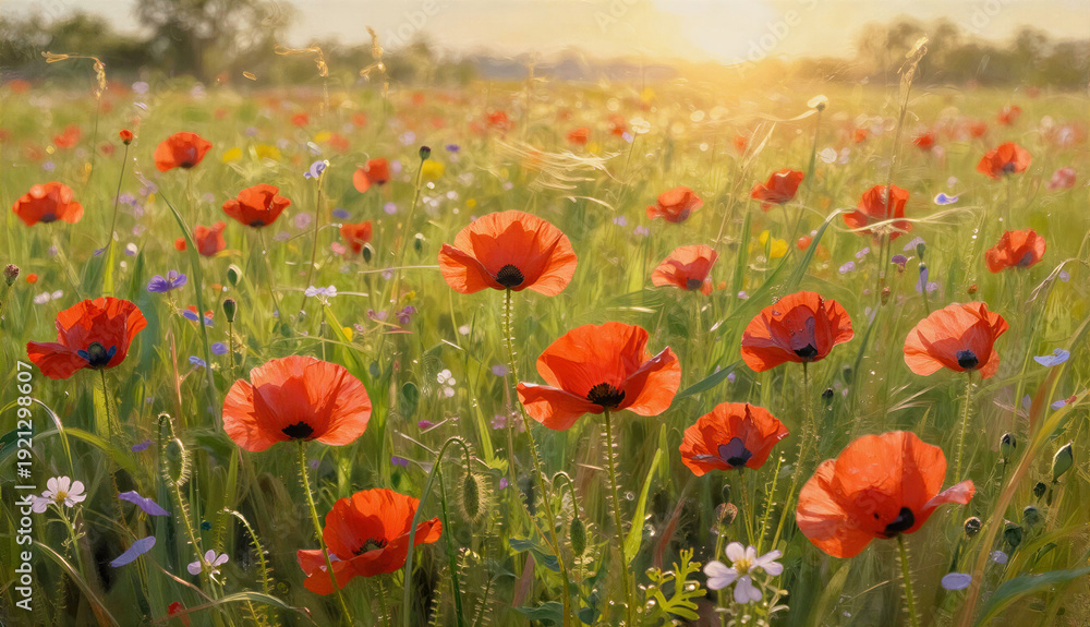 Fototapeta premium Red poppy flowers bloom in a vibrant green meadow at sunset. Nature background for Spring garden, Mothers Day. Summer floral landscape, wild field.