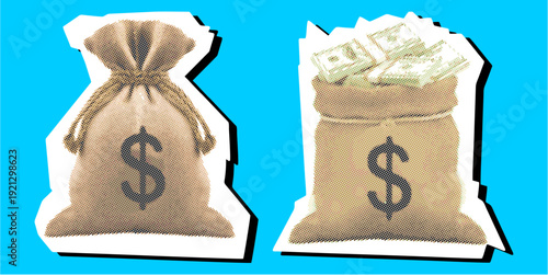 Set bag of money editable halftone scrapbook element vector for vintage lottery ads. Ideal for symbolizing retro wealth, pop art jackpots, and nostalgic rewards.