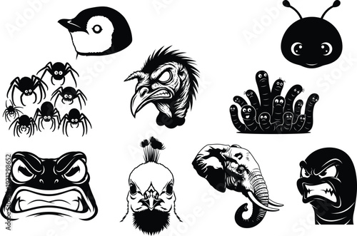 Collection of various cartoon animal and monster faces