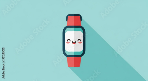 Smiling smartwatch with red band and teal background casts a shadow
