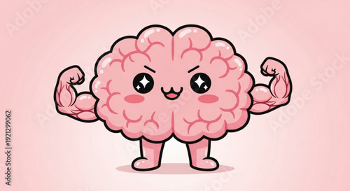 Cartoon brain character flexing muscles on pink background symbolizing intelligence and strength