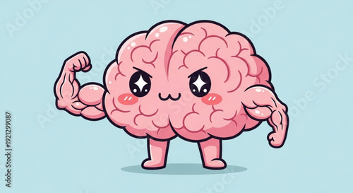 Cute cartoon brain character flexing muscular arms symbolizing intelligence and strength on light blue background