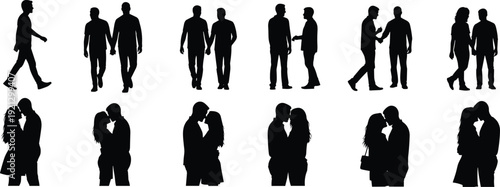 Silhouettes of couples in various romantic poses and interactions on a white background love romance