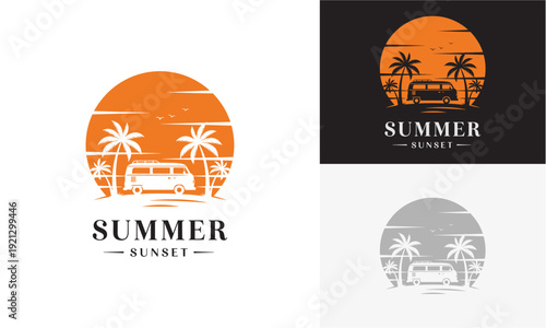Summer Sunset Logo Collection Featuring Camper, Palm Trees, and Sunset Elements in Various Color Schemes