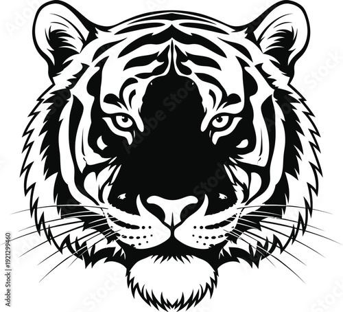 A black and white illustration of a tiger's face