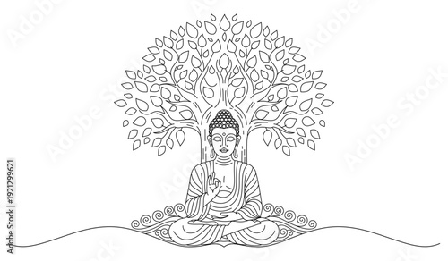 Buddha Meditation Under Bodhi Tree Line Art Vector Illustration
