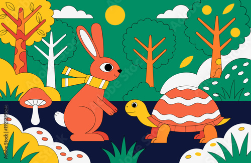 Cartoon rabbit and tortoise standing face to face on dirt path in sunny forest cheerful fable inspired illustration colorful playful woodland scene