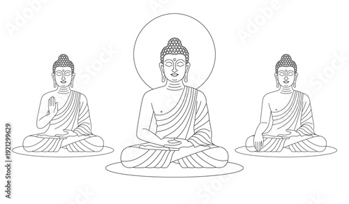Buddhist Buddha Meditation Pose Set Minimal Outline Illustration