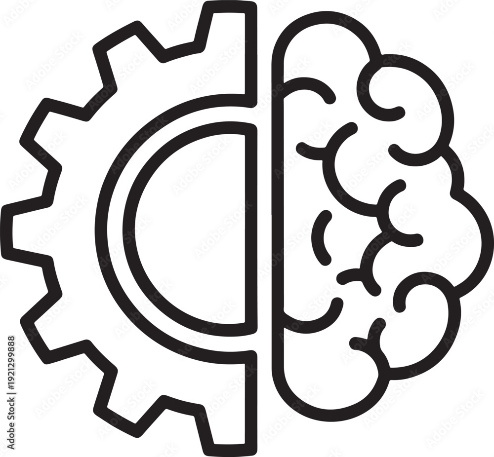Obraz premium AI Brain and Settings Solid Icon – Half Neural Brain Half Gear Symbol, Artificial Intelligence Technology Vector, Digital Data Network Illustration