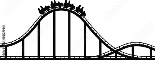 Silhouette of a roller coaster with a train of people riding on white background Keywords: roller coaster, amusement park, ride