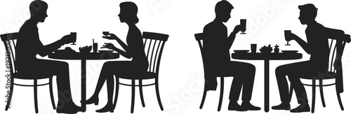Silhouettes of two couples dining and drinking at separate tables cafe