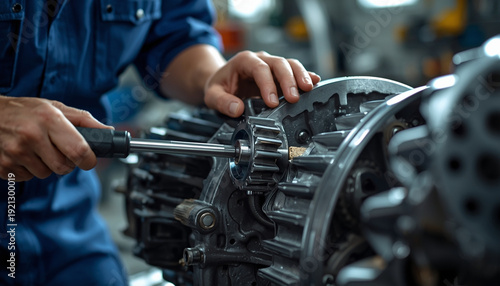 A mechanic is using a tool on a gear system