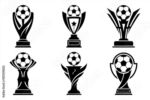 Professional soccer football championship trophy silhouette cup award vector illustration set. Sports soccer winner award trophy silhouette icon set. Championship football cup trophy.
