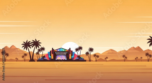 Vibrant desert festival stage with colorful lights and palm trees at sunset