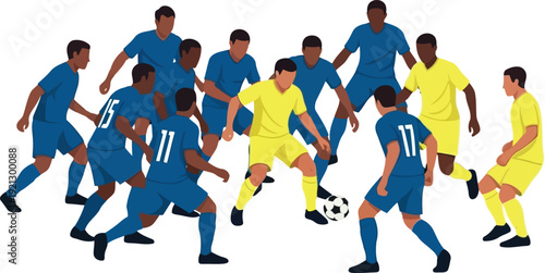 Dynamic soccer action scene diverse players competing for ball in stadium stadium vector