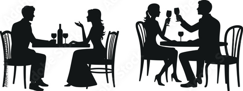 Silhouettes of two couples dining at tables on a white background Keywords: couple, dining, restaurant, romantic, dinner, date