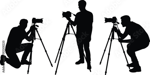 Silhouettes of three photographers with cameras on tripods in different poses on a white background photography