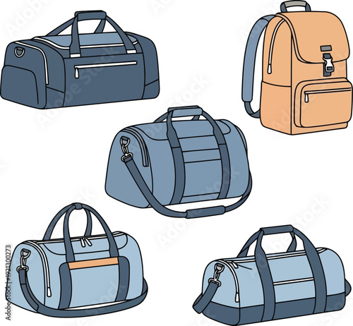 Collection of five duffel bags and backpacks sketch style isolated travel gear assortment vector