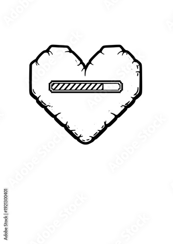 Puffy Pixel Heart with Loading Bar Sticker Silhouette. Retro 8-bit Gaming Nostalgia and Tactile Kidult Tech Design Vector.