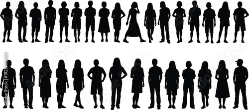 Two rows of diverse male and female human silhouette figures standing side by side Keywords: people, human, silhouette, figure