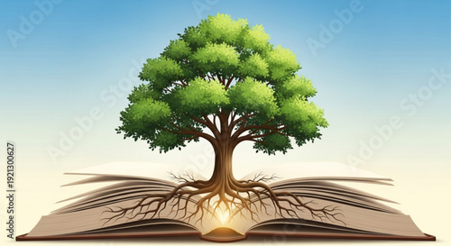 Tree growing out of an open book with roots and green leaves on a gradient background