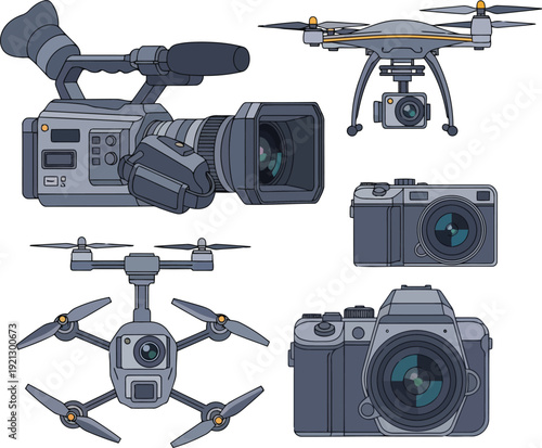 Modern videography and photography equipment collection featuring professional camera drone and dslr styles vector