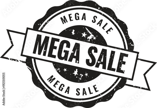 Distressed black rubber stamp with mega sale ribbon for urgent business promotions and seasonal discount offers