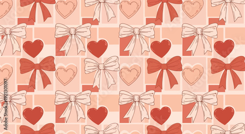 Valentine day seamless pattern with red hearts and gift box bows