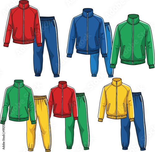 Set of colorful athletic tracksuits for sport and leisurewear collection isolated on vector