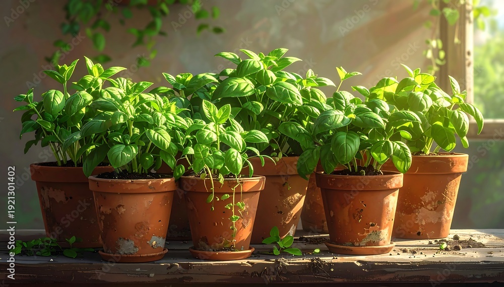 Obraz premium Basil sprouts in clay pots, bathed in sunlight, against a leafy backdrop