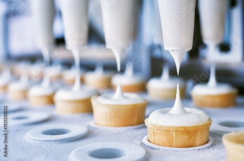 Ice cream production using automated conveyor systems. Shallow depth of field