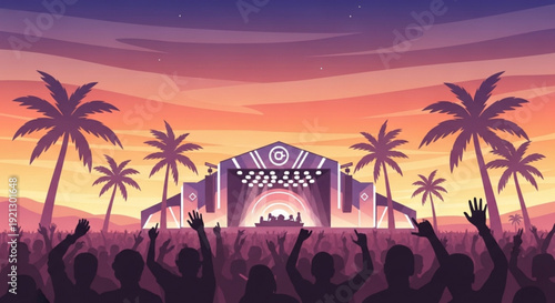 Music festival crowd enjoying live concert at sunset with palm trees and stage lights